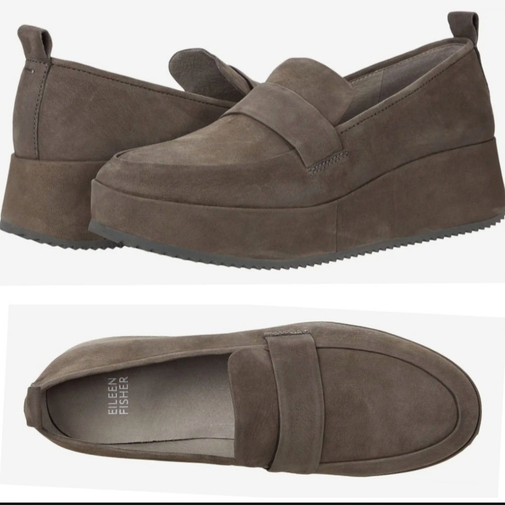 New Eileen Fisher Max Nubuck Leather Wedge Platform Loafers Gray